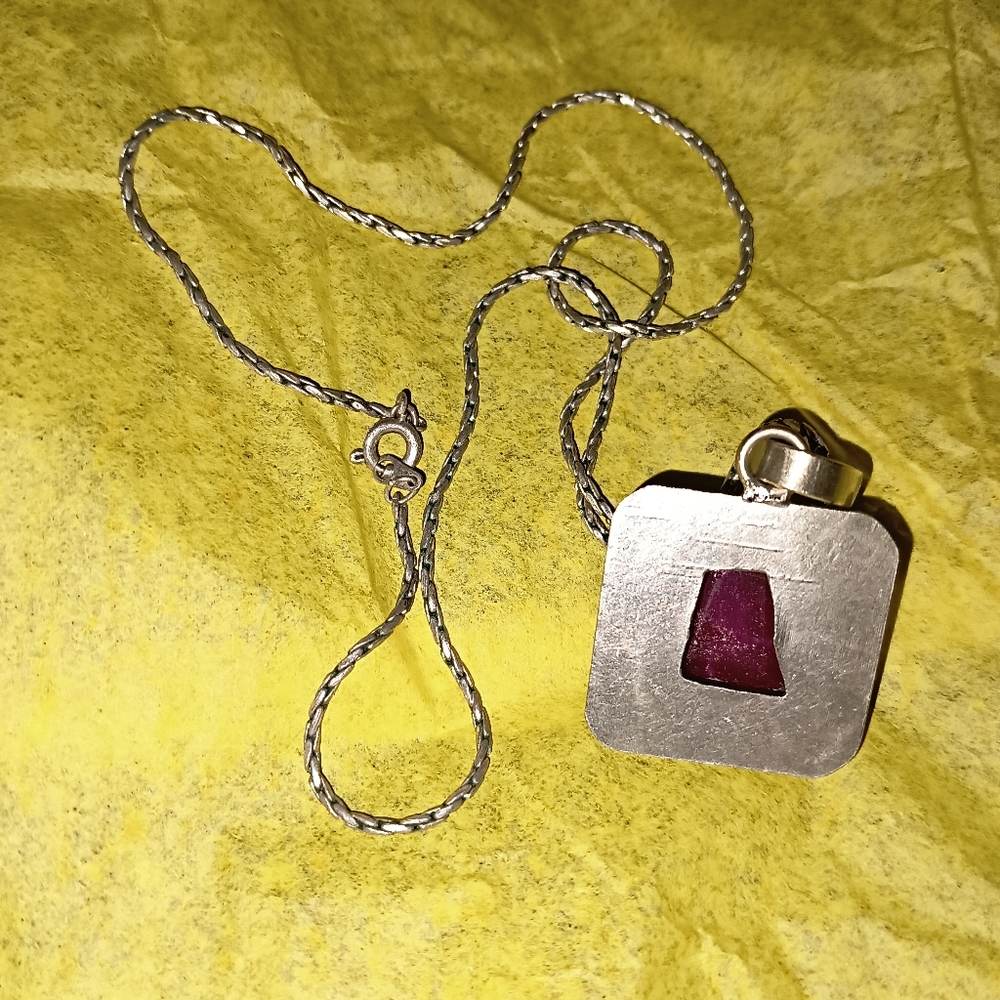 Vintage Rough Cut Ruby Stone Silver Pendant & Cha… - image 3